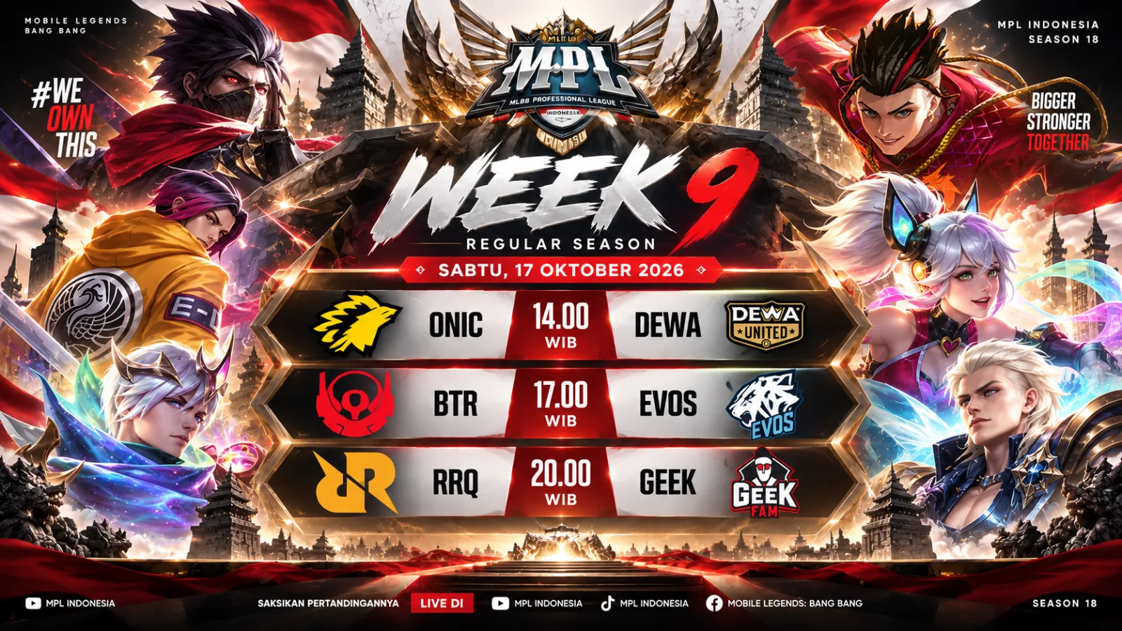 Poster jadwal MPL ID Season 18 Week 9 Sabtu 17 Oktober 2026: ONIC vs DEWA, BTR vs EVOS, dan RRQ vs GEEK