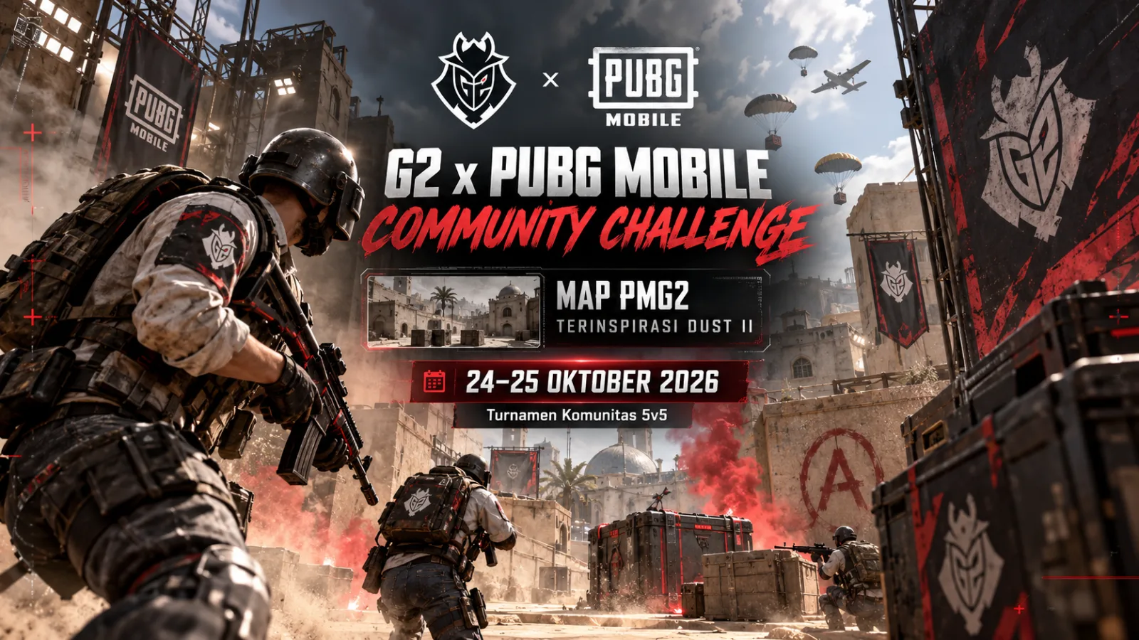 Cover berita G2 x PUBG MOBILE Community Challenge 24–25 Oktober 2026, map PMG2 terinspirasi Dust II
